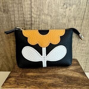 Flower Coin Purse Wallet Black Leather Wallet Genuine Leather 5.25 inch